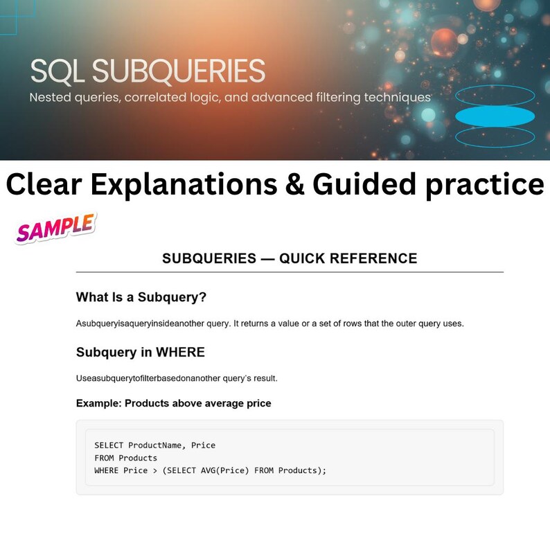 SQL Subqueries Reference Guide Beginner PDF with Real Examples & Filtering Techniques image 3