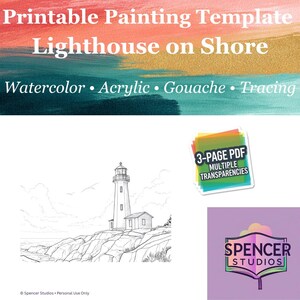 Painting Template – Lighthouse on Shore Art Outline – Watercolor & Drawing Guide – Printable Digital Download