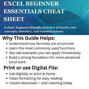 Pode incluir: Uma folha de dicas digital intitulada "EXCEL BEGINNER ESSENTIALS CHEAT SHEET" com um design azul e branco. A folha fornece uma vis&atilde;o geral para iniciantes dos conceitos b&aacute;sicos, interface e a&ccedil;&otilde;es essenciais do Excel.