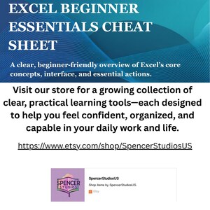 Pode incluir: Gr&aacute;fico azul e branco com o texto "EXCEL BEGINNER ESSENTIALS CHEAT SHEET". O texto descreve uma vis&atilde;o geral para iniciantes dos conceitos b&aacute;sicos do Excel. A imagem tamb&eacute;m inclui um link para uma loja Etsy e um logotipo da loja.