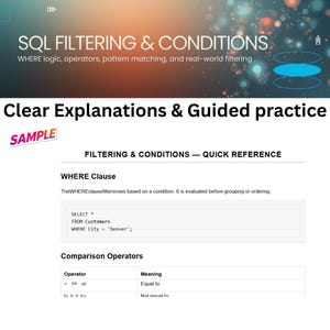 Puede incluir: Un documento blanco con el t&iacute;tulo "SQL FILTERING & CONDITIONS" y el texto "Clear Explanations & Guided practice." Incluye una secci&oacute;n "WHERE Clause" con ejemplos de c&oacute;digo SQL y una tabla de "Comparison Operators".