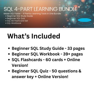 K&ouml;nnte beinhalten: Ein Bild, das ein SQL 4-teiliges Lernpaket bewirbt. Der Text enth&auml;lt "Beginner SQL Study Guide", "Beginner SQL Quiz", "SQL 60 Flashcard Set" und "SQL Workbook". Das Bild listet auch den Inhalt des Pakets auf, einschlie&szlig;lich Seitenzahlen und Online-Versionen.