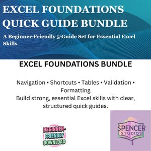 Puede incluir: Imagen de un producto digital para un paquete de guías rápidas de Excel Foundations. La imagen presenta el texto "Excel Foundations Quick Guide Bundle" y "A Beginner-Friendly 5-Guide Set for Essential Excel Skills".