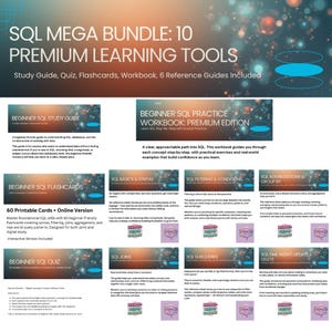 Puede incluir: Un paquete de herramientas de aprendizaje de SQL, que incluye una guía de estudio, un cuaderno de ejercicios, tarjetas didácticas y un cuestionario. El conjunto incluye 60 tarjetas didácticas imprimibles y acceso en línea. Los materiales cubren conceptos básicos, sintaxis, filtrado, uniones y agregaciones de SQL.