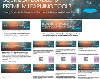 Pacchetto completo di apprendimento SQL • Sistema di studio in 10 parti • Guide + Libro di esercizi + Flashcard + Quiz • Impara SQL velocemente • Download digitale