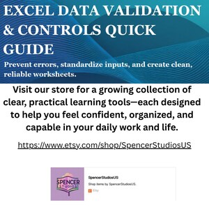 May include: A digital graphic with the text "EXCEL DATA VALIDATION & CONTROLS QUICK GUIDE" in white. The text is set against a blue and teal abstract background. The image also includes a link to an Etsy shop.