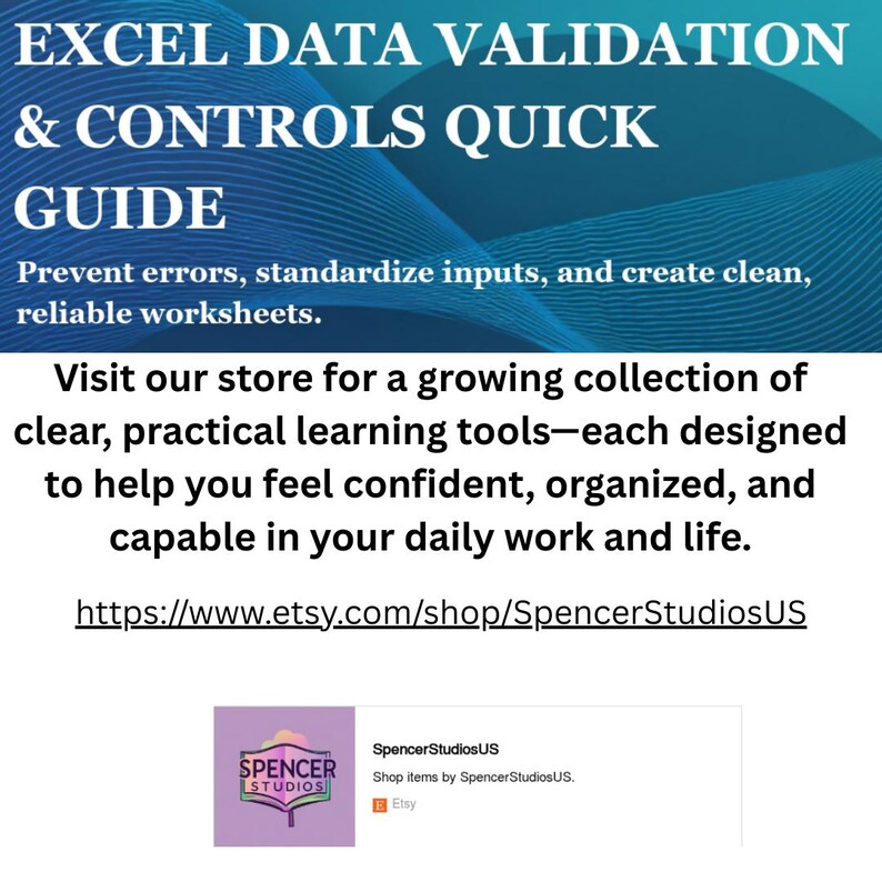 May include: A digital graphic with the text "EXCEL DATA VALIDATION & CONTROLS QUICK GUIDE" in white. The text is set against a blue and teal abstract background. The image also includes a link to an Etsy shop.