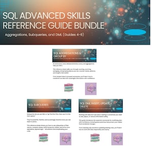 Puede incluir: Un paquete de guías de referencia para habilidades avanzadas de SQL, que cubre agregaciones, subconsultas y DML. La imagen presenta texto y gráficos, incluidas las frases "SQL Aggregations & Group By" y "Beginner Friendly Download."