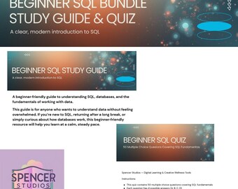 SQL Beginner Bundle  Study Guide + Quiz  Printable PDF  Learn SQL Basics  Digital Download