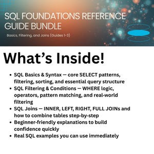 Puede incluir: Imagen de un paquete de gu&iacute;as titulado "SQL Foundations Reference Guide Bundle" con el subt&iacute;tulo "Basics, Filtering, and Joins (Guides 1-3)". La imagen enumera temas como conceptos b&aacute;sicos de SQL, filtrado, uniones y ejemplos reales.