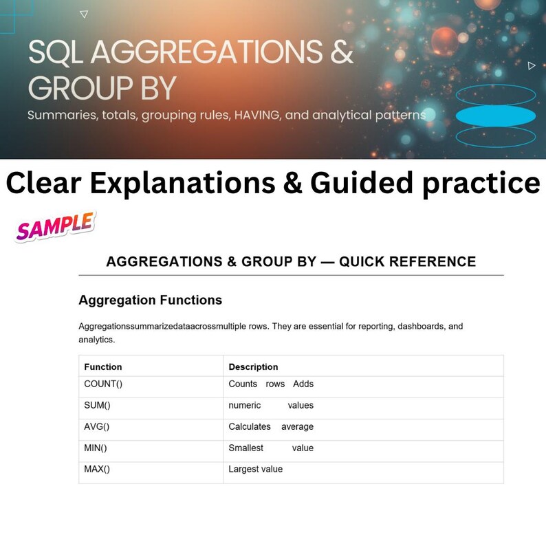 May include: A document titled "SQL AGGREGATIONS & GROUP BY" with the text "Clear Explanations & Guided practice." It includes a table listing aggregation functions like COUNT(), SUM(), AVG(), MIN(), and MAX(), with their descriptions. The background has a gradient of orange and blue.