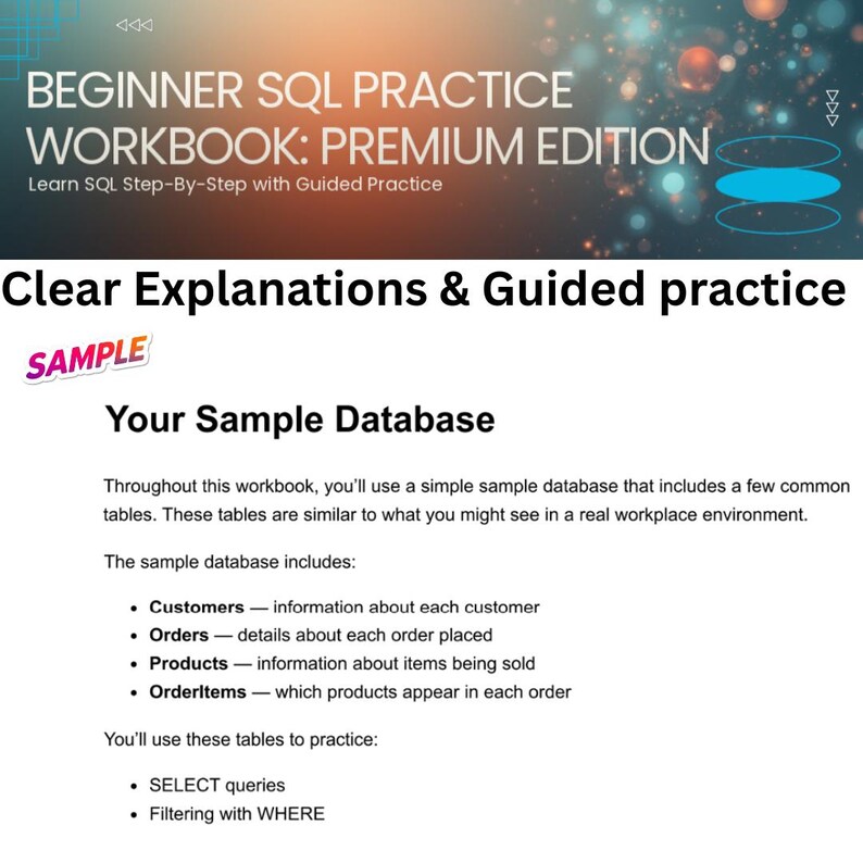 May include: A workbook titled "BEGINNER SQL PRACTICE WORKBOOK: PREMIUM EDITION" with the subtitle "Learn SQL Step-By-Step with Guided Practice." The cover features text "Clear Explanations & Guided practice" and "Your Sample Database."
