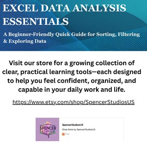 May include: Image with the text "EXCEL DATA ANALYSIS ESSENTIALS" and "A Beginner-Friendly Quick Guide for Sorting, Filtering & Exploring Data." The image also includes a call to action to visit the Etsy store.