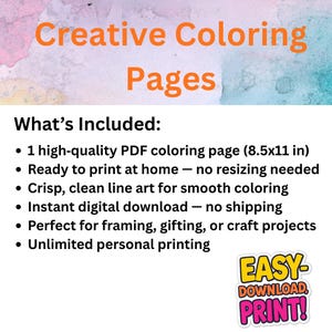 Peut inclure: Une fiche produit num&eacute;rique intitul&eacute;e Creative Coloring Pages avec un fond aquarelle. Le texte &eacute;num&egrave;re des caract&eacute;ristiques incluant une page de coloriage PDF de 21,59 x 27,94 cm, pr&ecirc;te &agrave; imprimer, des traits nets et un autocollant EASY-DOWNLOAD PRINT!