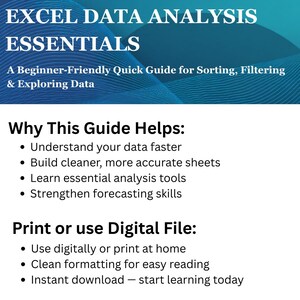 May include: A digital guide titled "EXCEL DATA ANALYSIS ESSENTIALS" with a blue and white design. The guide promises to help users understand data faster, build accurate sheets, and strengthen forecasting skills. Available for digital use or printing.