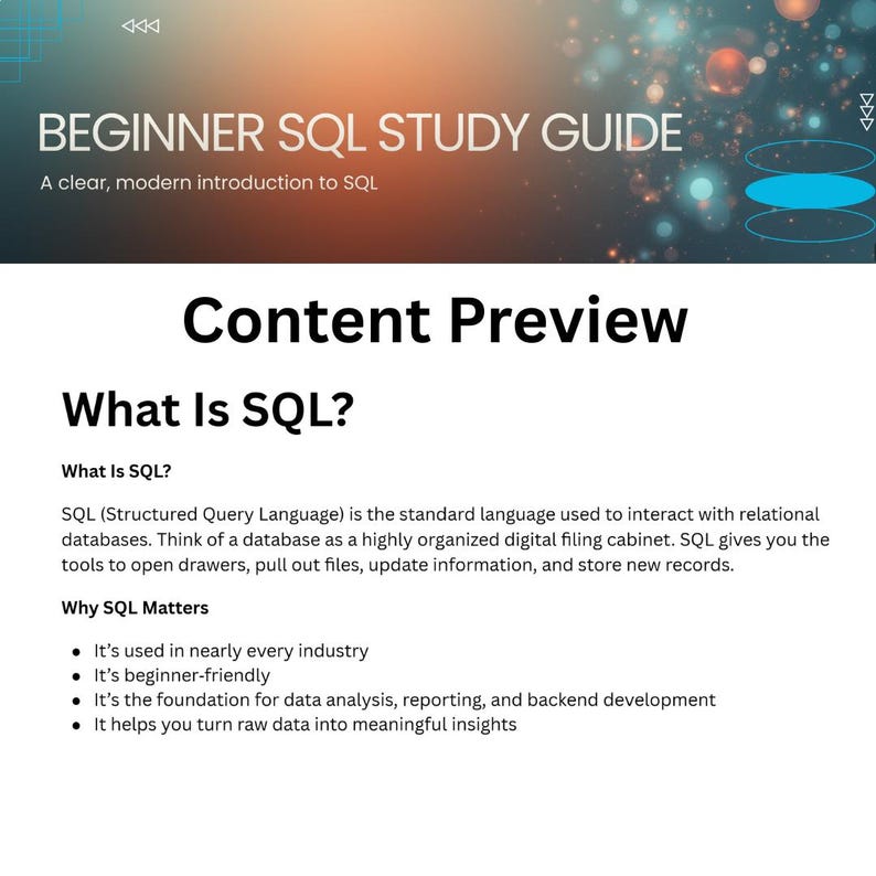 K&ouml;nnte beinhalten: Ein digitales Studienhandbuch mit dem Titel "BEGINNER SQL STUDY GUIDE" und dem Untertitel "A clear, modern introduction to SQL". Die Inhaltsvorschau des Handbuchs enth&auml;lt "What Is SQL?" und erkl&auml;rt seine Verwendung in relationalen Datenbanken.
