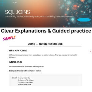 May include: A digital graphic titled "SQL JOINS" with the subtitle "Combining tables, matching data, and mastering relational queries." The image contains text explaining joins, inner joins, and an example SQL query.