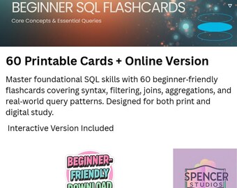 Beginner SQL Flashcards 60 Printable & Digital Cards SQL Basics, Filtering, Joins, Aggregations for Students and Career Changers