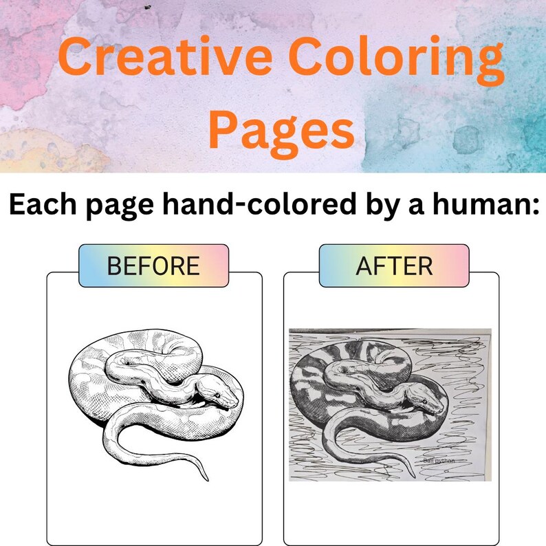 Peut inclure: Creative Coloring Pages avec le texte Chaque page colori&eacute;e &agrave; la main par un humain. Deux panneaux montrent une comparaison avant et apr&egrave;s d'un dessin au trait noir et blanc d'un serpent enroul&eacute;, avec des ombres ajout&eacute;es sur le panneau apr&egrave;s.