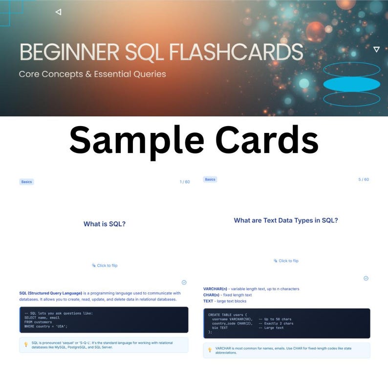 K&ouml;nnte beinhalten: Digitale Karteikarten mit dem Titel "BEGINNER SQL FLASHCARDS" und dem Text "Sample Cards". Die Karten behandeln grundlegende Konzepte und wichtige Abfragen. Das Bild zeigt Beispiele f&uuml;r SQL-Fragen und Textdatentypen.