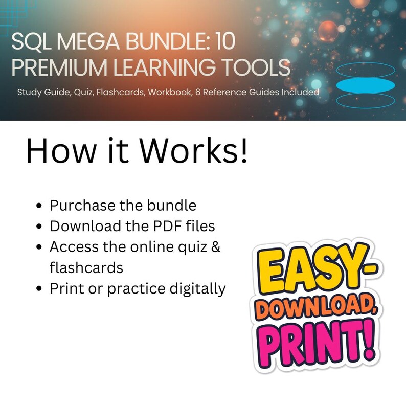 Op de afbeelding: Een afbeelding die een SQL-leerbundel promoot met de tekst "SQL MEGA BUNDLE: 10 PREMIUM LEARNING TOOLS". Het bevat een studiehandleiding, quiz, flashcards en een werkboek. De afbeelding zegt ook "How it Works!" en "EASY-DOWNLOAD, PRINT!"