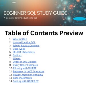 Op de afbeelding: Een studiehandleiding getiteld "BEGINNER SQL STUDY GUIDE" met een voorbeeld van de inhoudsopgave. De preview bevat onderwerpen als "What is SQL?", "Data Types" en "SELECT Statements". De achtergrond heeft een blauw en wit ontwerp.