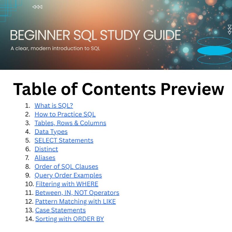 Op de afbeelding: Een studiehandleiding getiteld "BEGINNER SQL STUDY GUIDE" met een voorbeeld van de inhoudsopgave. De preview bevat onderwerpen als "What is SQL?", "Data Types" en "SELECT Statements". De achtergrond heeft een blauw en wit ontwerp.