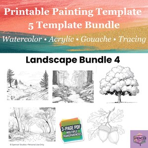 May include: A printable painting template bundle featuring five landscape designs including a winding path, a forest stream, a large tree, a woodland trail, and acorns. The text reads Printable Painting Template 5 Template Bundle Landscape Bundle 4.