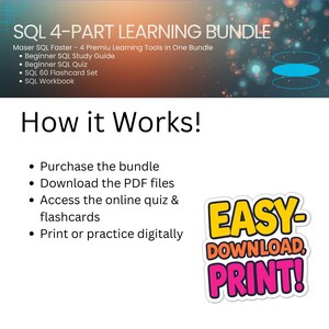 K&ouml;nnte beinhalten: Eine wei&szlig;e Grafik mit dem Text "SQL 4-PART LEARNING BUNDLE" und einer Liste von Lernwerkzeugen. Darunter steht "How it Works!" gefolgt von Anweisungen. Ein Aufkleber lautet "EASY-DOWNLOAD-PRINT!"