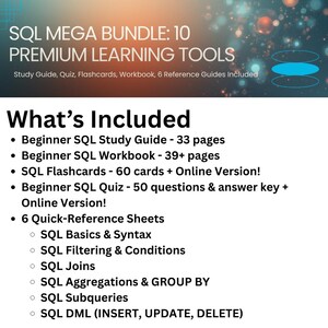 Op de afbeelding: Een witte afbeelding met de tekst "SQL MEGA BUNDLE: 10 PREMIUM LEARNING TOOLS." De afbeelding toont leermiddelen, waaronder een studiehandleiding, quiz, flashcards en een werkboek. De sectie "Wat is inbegrepen" beschrijft de inhoud van de bundel.