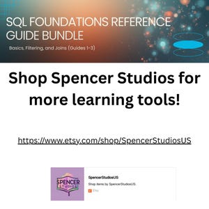 Puede incluir: Imagen promocional para un paquete de gu&iacute;as de referencia de SQL Foundations. El texto dice: "&iexcl;Compra Spencer Studios para m&aacute;s herramientas de aprendizaje!" e incluye un enlace a una tienda de Etsy. La imagen presenta un logotipo y un fondo con tonos azules y naranjas.