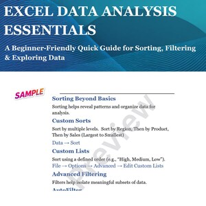 May include: A teal and white graphic titled "EXCEL DATA ANALYSIS ESSENTIALS" with the subtitle "A Beginner-Friendly Quick Guide for Sorting, Filtering & Exploring Data." The image provides information on sorting and filtering data.