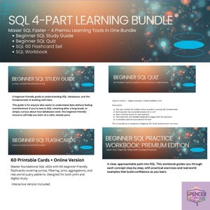 Puede incluir: Un paquete educativo para aprender SQL, con una guía de estudio, un cuestionario, tarjetas y un cuaderno de trabajo. El título "SQL 4-PART LEARNING BUNDLE" se muestra en la parte superior. El paquete incluye 60 tarjetas imprimibles y una versión en línea.