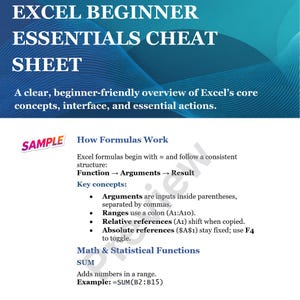 Pode incluir: Uma folha de dicas do Excel para iniciantes, intitulada "EXCEL BEGINNER ESSENTIALS CHEAT SHEET", com um fundo azul e branco. Fornece uma vis&atilde;o geral dos conceitos, fun&ccedil;&otilde;es e a&ccedil;&otilde;es do Excel. Inclui exemplos de f&oacute;rmulas.
