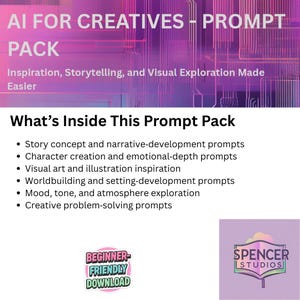 以下が含まれることがあります： 「AI for Creatives - PROMPT PACK」を宣伝するデジタルグラフィック。インスピレーション、ストーリーテリング、ビジュアルエクスプロレーションに関するテキストが含まれています。ストーリーのコンセプト、キャラクター作成、ビジュアルアート、ワールドビルディング、ムード探求、創造的な問題解決のためのプロンプトをリストしています。