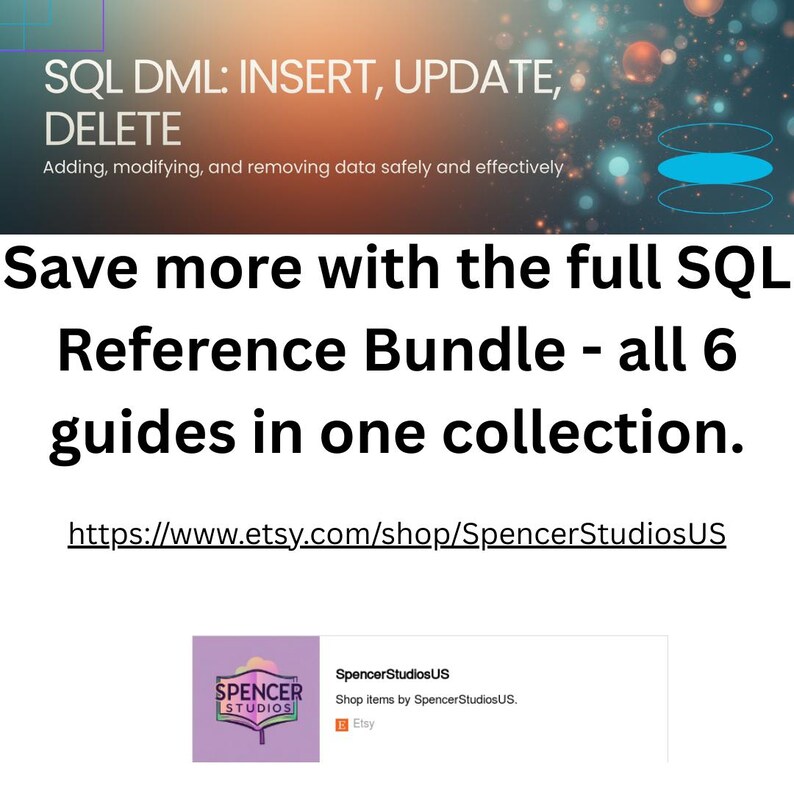 Peut inclure: Image promotionnelle pour un ensemble de r&eacute;f&eacute;rence SQL. L'image pr&eacute;sente le texte "SQL DML: INSERT, UPDATE, DELETE" et "&Eacute;conomisez davantage avec le bundle de r&eacute;f&eacute;rence SQL complet - les 6 guides en une seule collection."