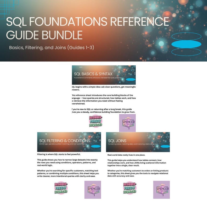 Puede incluir: Un paquete de gu&iacute;as de referencia de SQL Foundations. El t&iacute;tulo se muestra en texto blanco grande sobre un fondo naranja y azul. El paquete incluye gu&iacute;as sobre conceptos b&aacute;sicos y sintaxis, filtrado y condiciones y uniones. Cada gu&iacute;a tiene una insignia de "Descarga para principiantes".