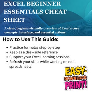 Pode incluir: Uma folha de dicas do Excel para iniciantes, azul e branca, com o texto "EASY-DOWNLOAD, PRINT!". O guia fornece uma vis&atilde;o geral para iniciantes dos conceitos b&aacute;sicos e a&ccedil;&otilde;es essenciais do Excel. As instru&ccedil;&otilde;es tamb&eacute;m est&atilde;o inclu&iacute;das.