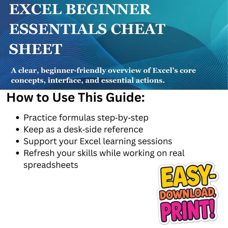 Pode incluir: Uma folha de dicas do Excel para iniciantes, azul e branca, com o texto "EASY-DOWNLOAD, PRINT!". O guia fornece uma vis&atilde;o geral para iniciantes dos conceitos b&aacute;sicos e a&ccedil;&otilde;es essenciais do Excel. As instru&ccedil;&otilde;es tamb&eacute;m est&atilde;o inclu&iacute;das.