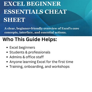 Pode incluir: Uma folha de dicas do Excel Beginner Essentials azul e branca. A folha fornece uma vis&atilde;o geral amig&aacute;vel para iniciantes dos conceitos b&aacute;sicos, interface e a&ccedil;&otilde;es essenciais do Excel. &Eacute; projetada para iniciantes do Excel, estudantes, profissionais, administradores e quem est&aacute; aprendendo Excel.