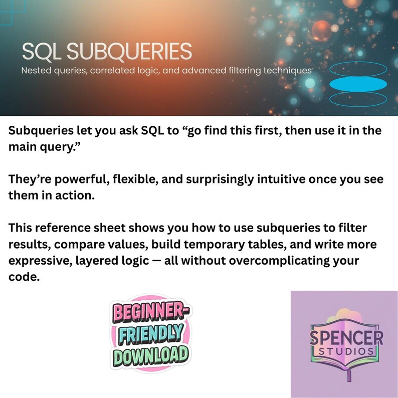 SQL Subqueries Reference Guide Beginner PDF with Real Examples & Filtering Techniques image 1