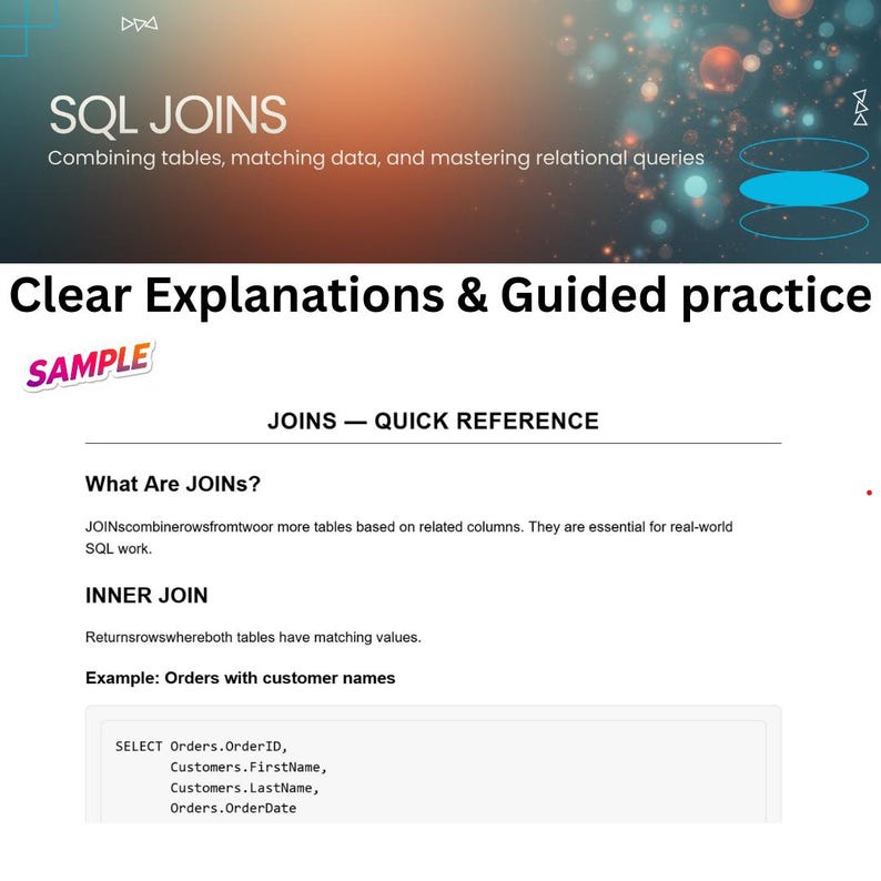 Puede incluir: Un documento digital titulado "SQL JOINS" que explica conceptos de bases de datos. Presenta el texto "Clear Explanations & Guided practice" y una secci&oacute;n titulada "JOINS - QUICK REFERENCE". El documento proporciona ejemplos de consultas SQL.