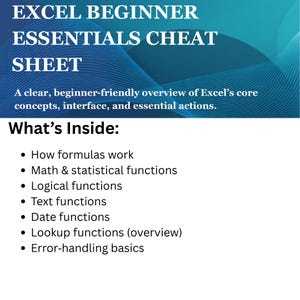 Pode incluir: Uma folha de dicas do Excel para iniciantes, branca e azul. A folha inclui uma vis&atilde;o geral amig&aacute;vel para iniciantes dos conceitos, interface e a&ccedil;&otilde;es essenciais do Excel. Os t&oacute;picos incluem f&oacute;rmulas, fun&ccedil;&otilde;es e tratamento de erros.