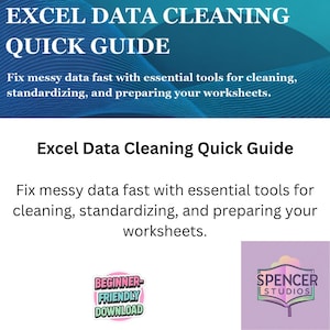 Pode incluir: Um guia digital intitulado "Excel Data Cleaning Quick Guide" com o texto "Corrija dados desorganizados rapidamente com ferramentas essenciais para limpar, padronizar e preparar suas planilhas." Inclui um selo "Download para iniciantes".