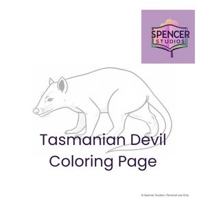 May include: A black and white line drawing of a Tasmanian Devil. The text "Tasmanian Devil Coloring Page" is below the illustration. The Spencer Studios logo is in the upper right corner.