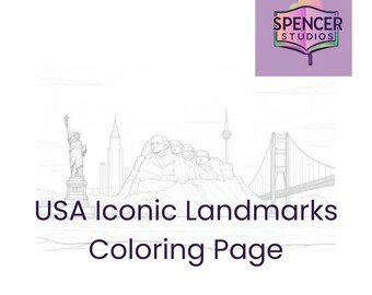 Monuments emblématiques des États-Unis • Coloriage à imprimer (statue de la Liberté, mont Rushmore, Space Needle, Golden Gate Bridge)