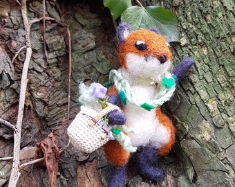 Needle felted wild fox with accessories, posable fantasy animal character, miniature felt art doll, Felted Wildwood