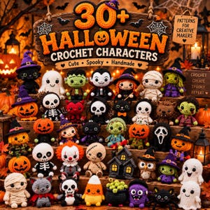 Puede incluir: Una colección de más de 30 personajes de Halloween tejidos a ganchillo, incluyendo fantasmas, calabazas, esqueletos y monstruos en escalones de madera. Un letrero dice 30+ HALLOWEEN CROCHET CHARACTERS y PATTERNS FOR CREATIVE MAKERS.