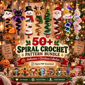 Op de afbeelding: Een digitaal PDF-pakket met meer dan 50 spiraalvormige haakpatronen voor Halloween- en kerstversieringen. De afbeelding toont diverse gehaakte figuren, waaronder een spook, vleermuis, sneeuwpop, rendier, kerstboom, kerstman en maan.