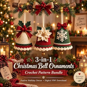 May include: Three crocheted Christmas bell ornaments hanging from a wooden branch. The first is cream with a red bow and holly, the second is red with a white poinsettia, and the third is green with a white snowflake and a red bow.